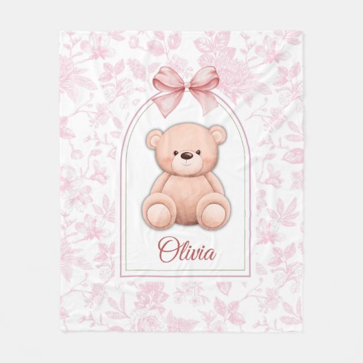Olivia | Aangepaste Roze Teddybeer Nursery Design Fleece Deken (Voorkant)