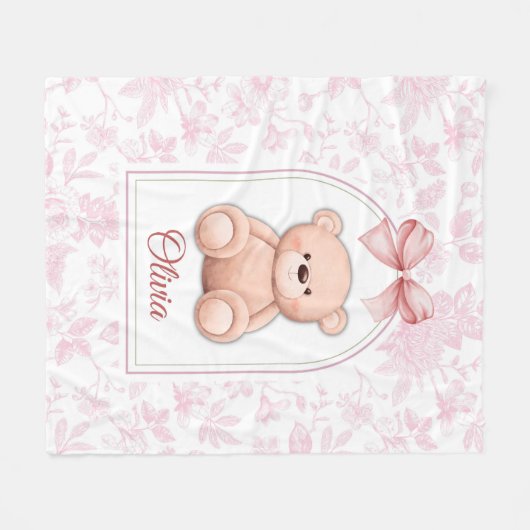 Olivia | Aangepaste Roze Teddybeer Nursery Design Fleece Deken (Voorkant (Horizontaal))