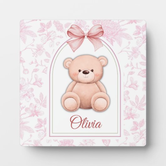 Olivia | Aangepaste Roze Teddybeer Nursery Design Fotoplaat (Voorkant)