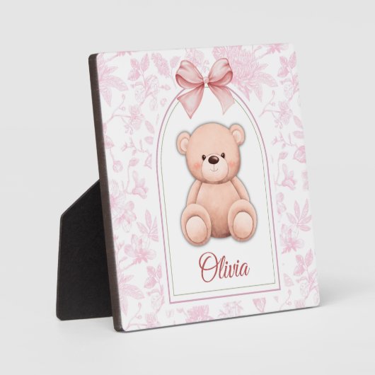 Olivia | Aangepaste Roze Teddybeer Nursery Design Fotoplaat (Voorkant)