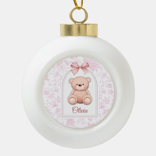 Olivia | Aangepaste Roze Teddybeer Nursery Design Keramische Bal Ornament (Voorkant)