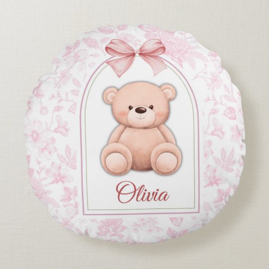 Olivia | Aangepaste Roze Teddybeer Nursery Design Rond Kussen (Voorkant)
