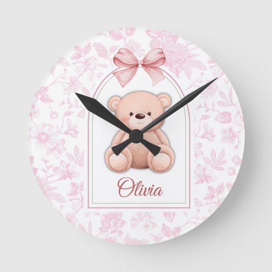 Olivia | Aangepaste Roze Teddybeer Nursery Design Ronde Klok (Voorkant)