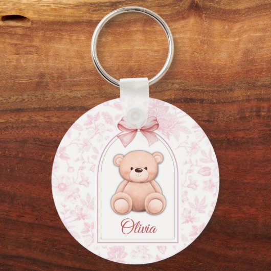 Olivia | Aangepaste Roze Teddybeer Nursery Design Sleutelhanger (Voorkant)