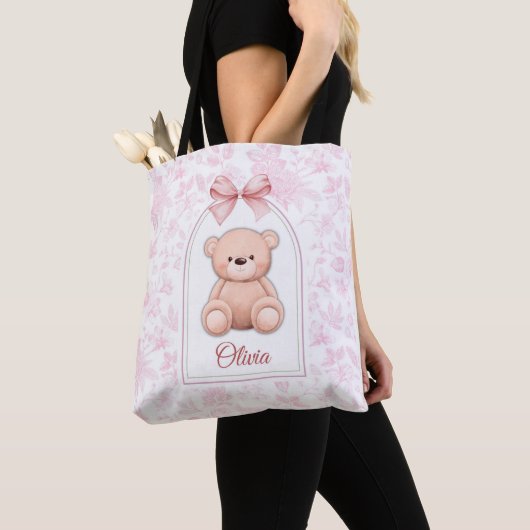 Olivia | Aangepaste Roze Teddybeer Nursery Design Tote Bag (Dichtbij)