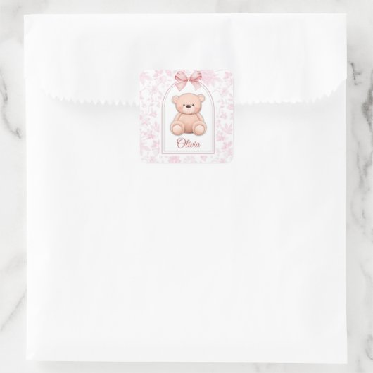 Olivia | Aangepaste Roze Teddybeer Nursery Design Vierkante Sticker (Tas)