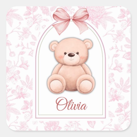 Olivia | Aangepaste Roze Teddybeer Nursery Design Vierkante Sticker (Voorkant)