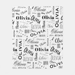 Olivia Custom Name Black White Fleece Deken