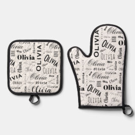 Olivia Custom Name Black White Ovenwant & Pannenlap Set