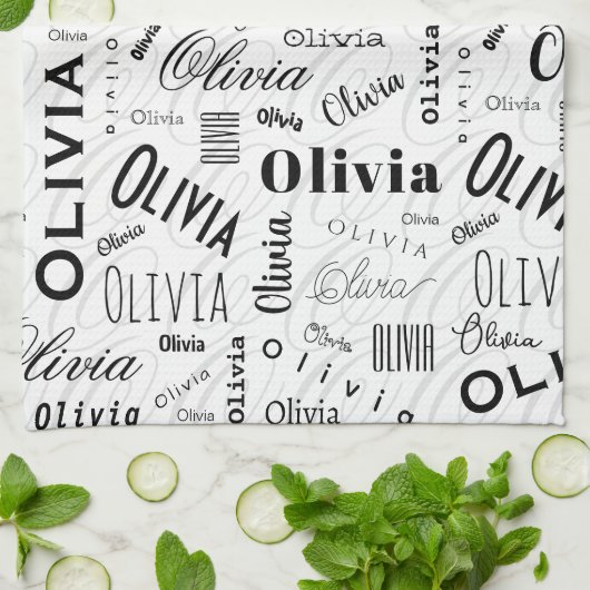 Olivia Custom Name Black White  Theedoek (Gevouwen)