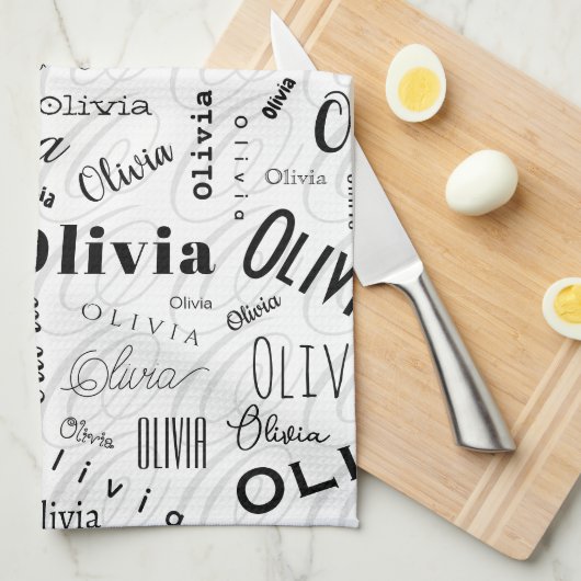 Olivia Custom Name Black White  Theedoek (Quarter Fold)