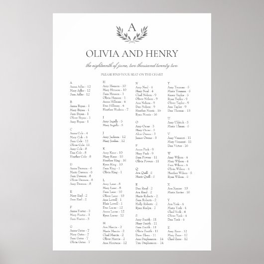 Olivia Elegant Alfabetical Wedding Seding Chart Poster (Voorkant)