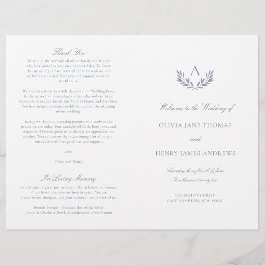 Olivia Elegant Dusty Blue Folded Wedding Programme (Voorkant)