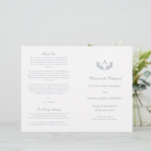 Olivia Elegant Dusty Blue Folded Wedding Programme (Staand voorkant)