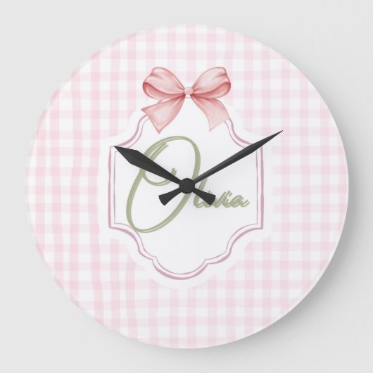 Olivia Gepersonaliseerde Roze Bow & Gingham Print Grote Klok (Voorkant)