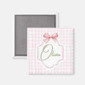 Olivia Gepersonaliseerde Roze Bow & Gingham Print Magneet (Voorkant / Achterkant)