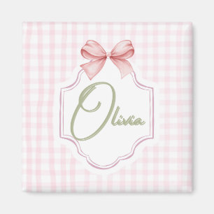 Olivia Gepersonaliseerde Roze Bow & Gingham Print Magneet