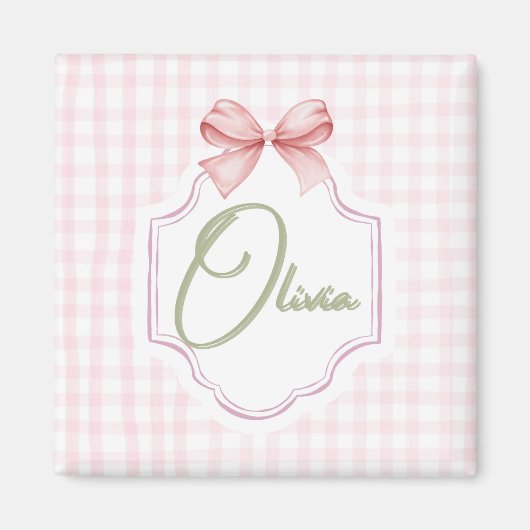 Olivia Gepersonaliseerde Roze Bow & Gingham Print Magneet (Voorkant)