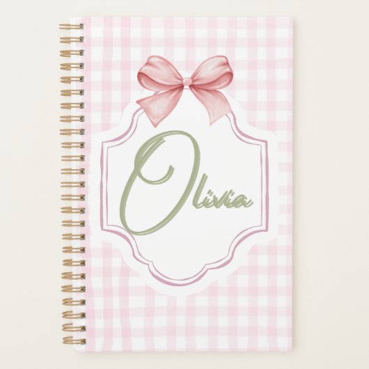 Olivia Gepersonaliseerde Roze Bow & Gingham Print Planner (Voorkant)