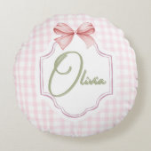 Olivia Gepersonaliseerde Roze Bow & Gingham Print Rond Kussen (Voorkant)