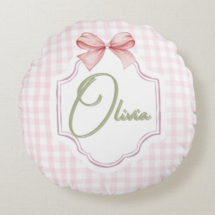 Olivia Gepersonaliseerde Roze Bow & Gingham Print Rond Kussen