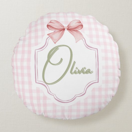 Olivia Gepersonaliseerde Roze Bow & Gingham Print Rond Kussen (Voorkant)