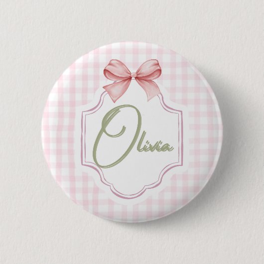 Olivia Gepersonaliseerde Roze Bow & Gingham Print Ronde Button 5,7 Cm (Voorkant)