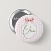 Olivia Gepersonaliseerde Roze Bow & Gingham Print Ronde Button 5,7 Cm (Voorkant /achterkant)
