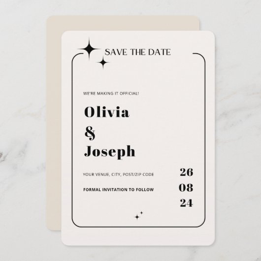 OLIVIA Moderne Ivory Celestial Save the Date Kaart (Voorkant / Achterkant)