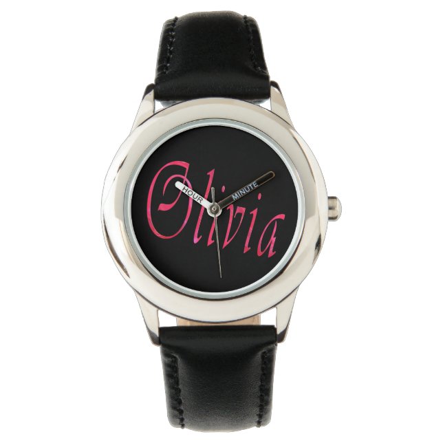 Olivia, naam, Logo, Girls Black Leather Watch. Horloge (Voorkant)