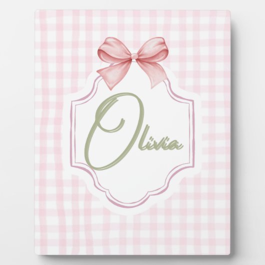Olivia Persoonlijke Roze Strik & Gingham Print Fotoplaat (Voorkant)