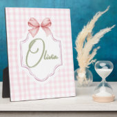 Olivia Persoonlijke Roze Strik & Gingham Print Fotoplaat (Zijkant)