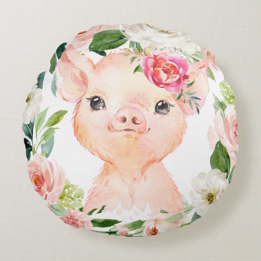 Olivia Pigsley Pig met Blush Pink Bloemenkrans Rond Kussen (Voorkant)