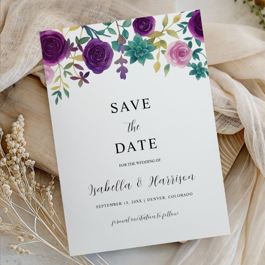 OLIVIA | Purple Floral Save the Date Template Kaart