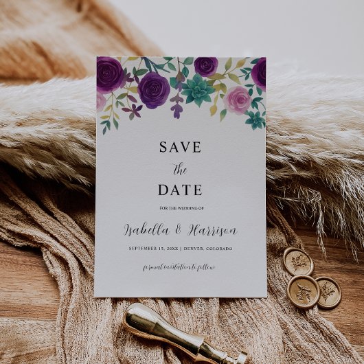 OLIVIA | Purple Floral Save the Date Template Kaart