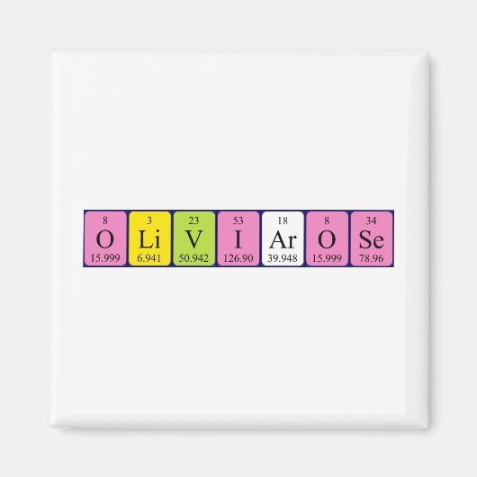 Olivia-Roos periodieke tabelnaam magneet (Voorkant)