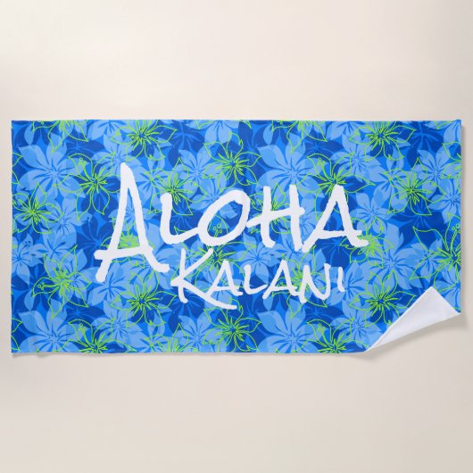 Olowalu Hibiscus Hawaiian Camo Aloha Monogram Blue Strandlaken (Voorkant)