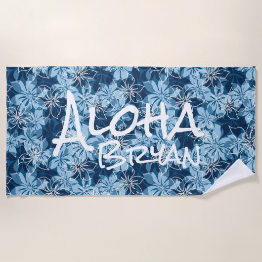 Olowalu Hibiscus Hawaiian Camo Aloha Monogram Navy Strandlaken (Voorkant)