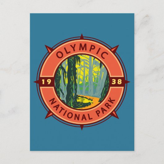 Olympisch natuurpark Hoh Rainforest Retro Compass Briefkaart (Voorkant)