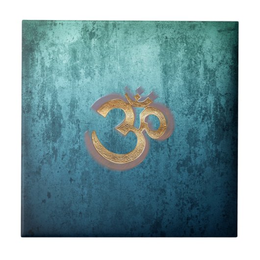 OM blue brass gold damask Asia Yoga Spiritualität Tegeltje (Voorkant)