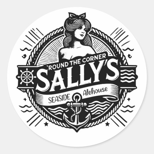 Om de hoek Sally's Seaside Alehouse T-Shirt Ronde Sticker (Voorkant)