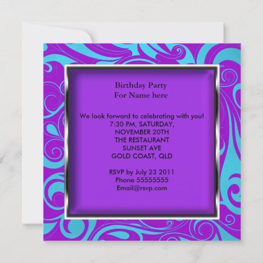 Om het even welke Age Birthday Party Paarse Blauwg Kaart (Achterkant)