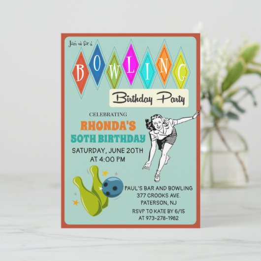 OM HET EVEN WELKE LEEFTIJD - Retro Bowling Birthda Kaart (Staand voorkant)