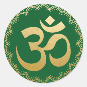 Om HIndu Meditation Symbol Yoga Faux Gold Green Ronde Sticker