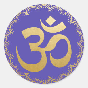 Om HIndu Meditation Symbol Yoga Faux Gold Violet Ronde Sticker
