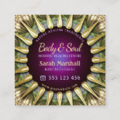 OM Holistic Paars Green Peacock Mandala Square Vierkante Visitekaartje (Achterkant)