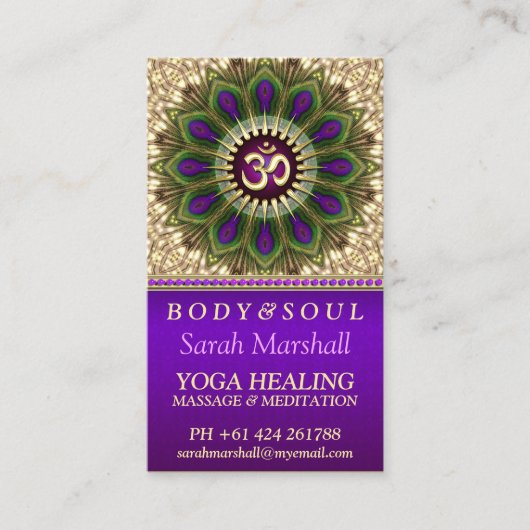 OM Holistic Royal Paars+Green Peacock Mandala Visitekaartje (Voorkant)