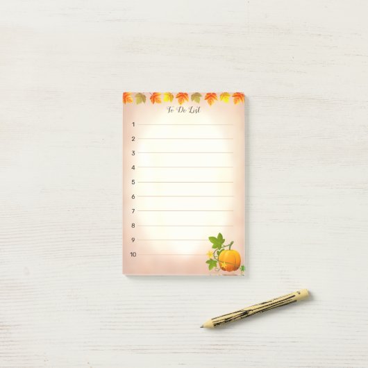 Om lijst, Autumn bladeren & pompoen op scrollen te Post-it® Notes (Op bureau)