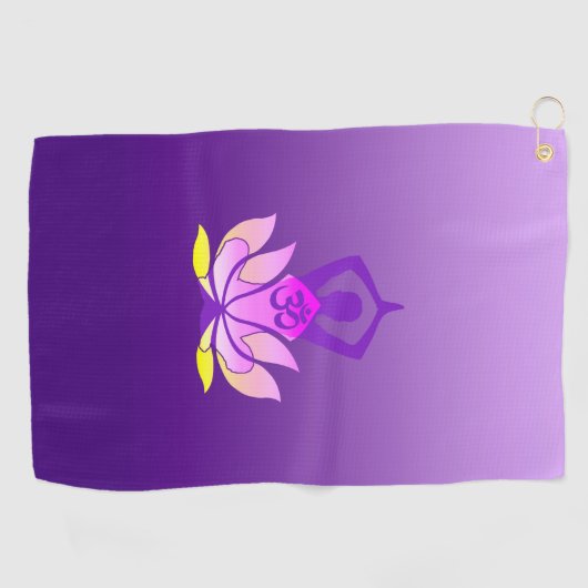 Om Lotus Flower Yoga Pose op Paarse gradiënt Golfhanddoek (Horizontaal)