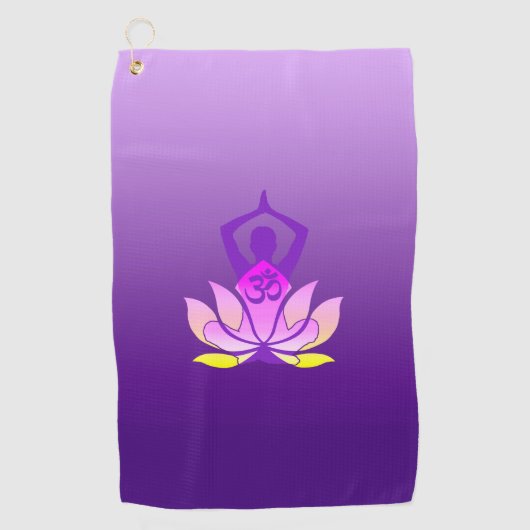 Om Lotus Flower Yoga Pose op Paarse gradiënt Golfhanddoek (Voorkant)